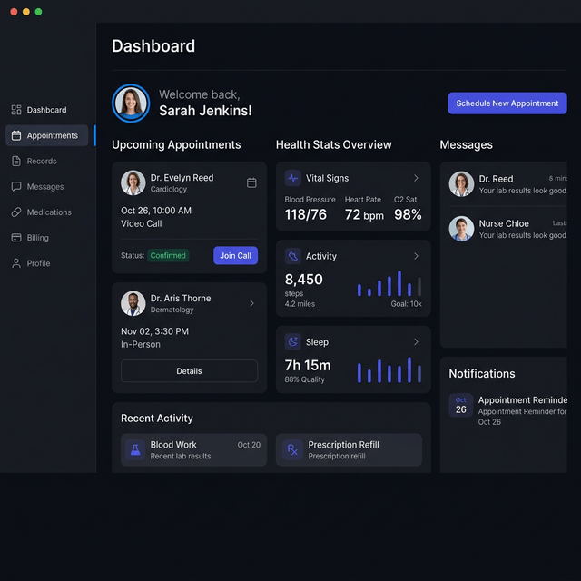 Aether Health telemedicine portal interface on a desktop display.
